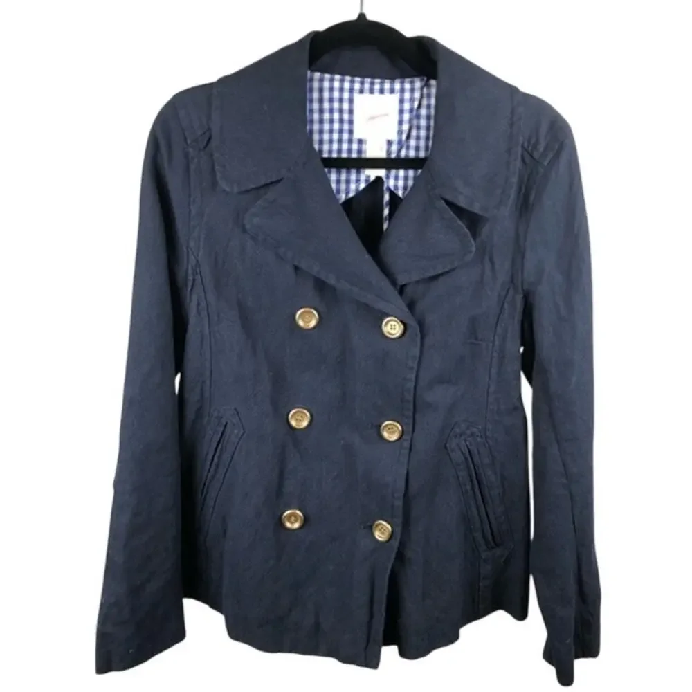J Crew Peacoat Size 4 Navy Blue Cotton Blend Double Breasted Jacket Academia - Picture 1 of 10
